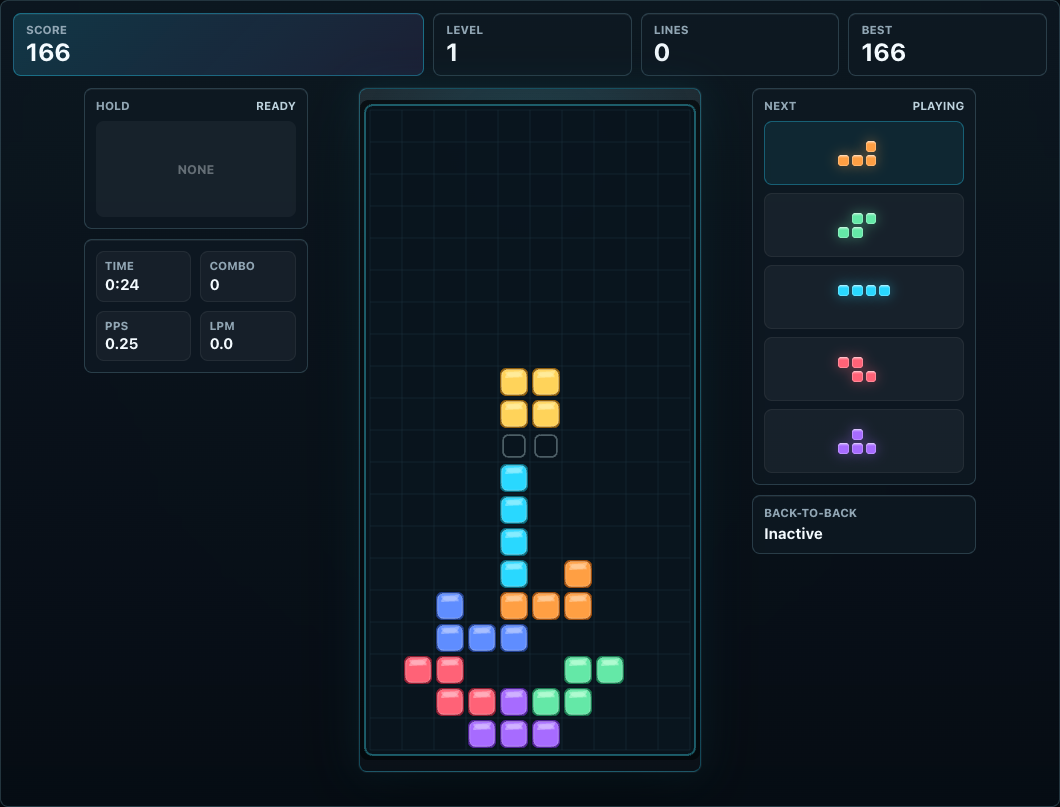 Desktop Tetromino Arcade game with score, level, lines, hold, next queue, combo, and back-to-back panels around the playfield.
