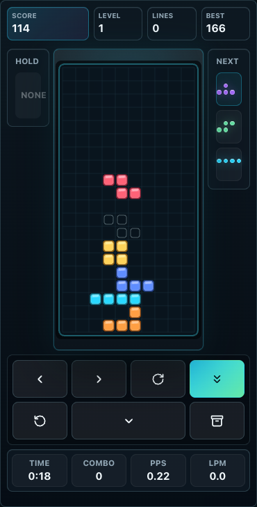 Mobile Tetromino Arcade playfield with score and level counters above the board and touch controls below it.